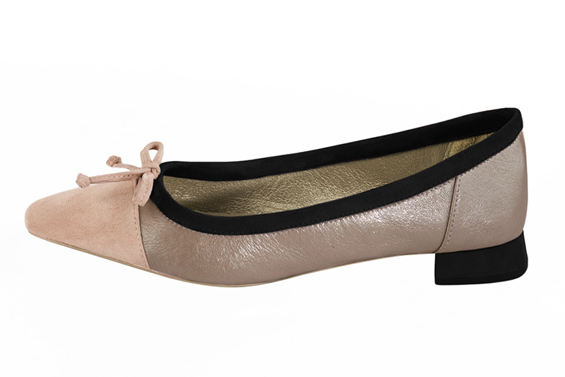 Powder pink, tan beige and matt black women's ballet pumps, with low heels. Square toe. Flat flare heels. Profile view - Florence KOOIJMAN